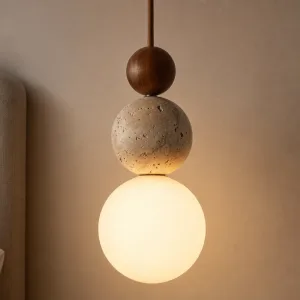 Dlouhý LED závěsný lustr z travertinového kamene s dřevěnou závěsnou lampou