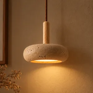 Kamenné závěsné stropní LED světlo v japonském stylu s dlouhým dřevěným prvkem